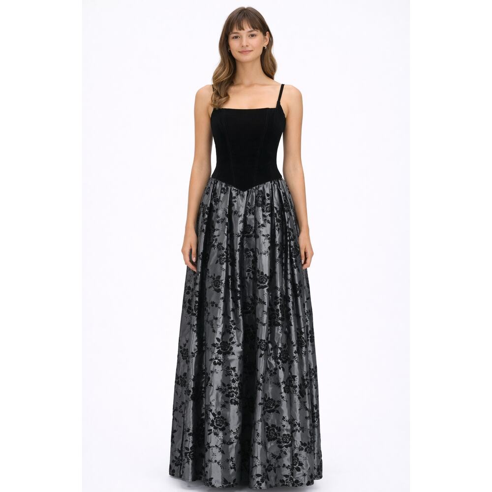 Gunne Sax Vintage Velvet Damask Floral Evening Maxi Dress Size 3/4 Black Grey